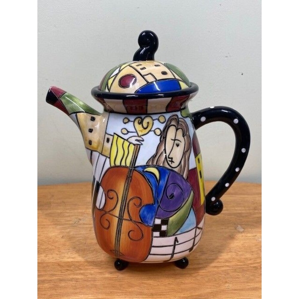 Studio Designworks Colorful Ceramic Pitcher Musical Instruments Hand Painted